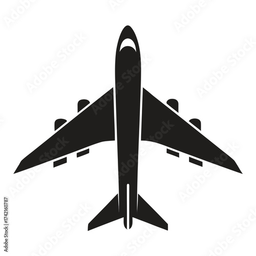 Top view silhouette of a modern passenger jet airplane with four engines