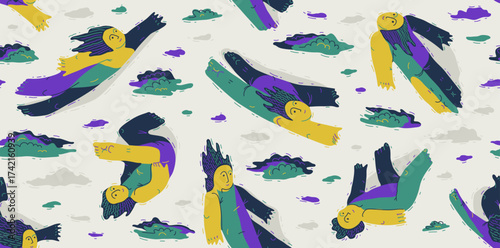 Dreamers conceptual seamless background, illustrative vector people flying among the clouds, freedom of imagination relaxed levitation, tranquil and hypnotic emotions.