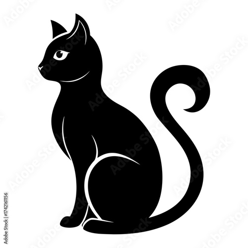 Elegant black cat silhouette sitting gracefully with curled tail