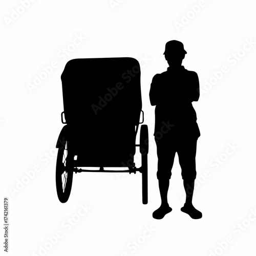 Silhouette of a rickshaw puller waiting for passengers isolated on white background