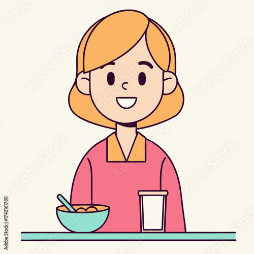 Smiling woman eating breakfast at a table with food and drink