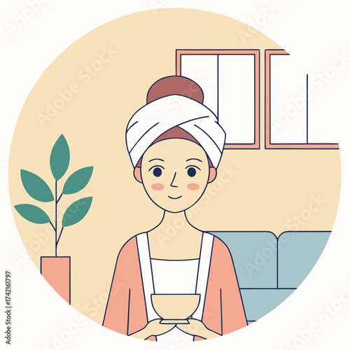 Woman with a towel holding a cup taking care of her skin
