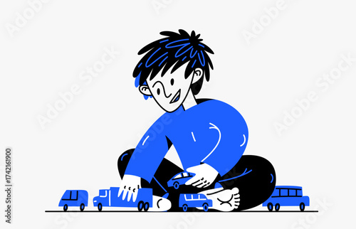 Little boy plays with toys vector illustration, stylish drawing of a child playing.