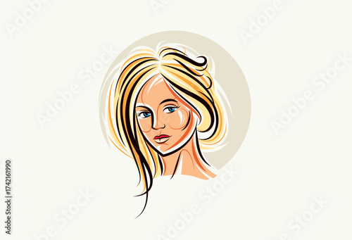 Beauty young woman face vector illustration, logo look like drawing for cosmetology or skincare or cosmetics brand, classic style emblem.