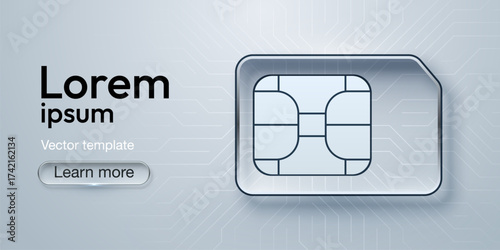 Glossy glass SIM card icon on a modern digital circuit board background.