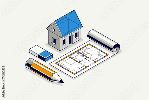 Cottage house for rest project concept, 3D isometric vector illustration of a small house building project, countryside small house cabin in village or nature.