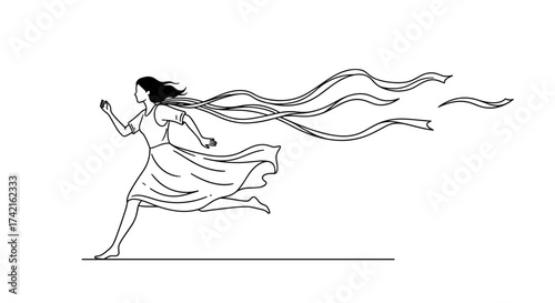 A young woman runs swiftly with long streamers flowing behind her in this elegant illustration.
