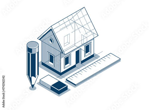 Cottage house for rest project concept, 3D isometric vector illustration of a small house building project, countryside small house cabin in village or nature.