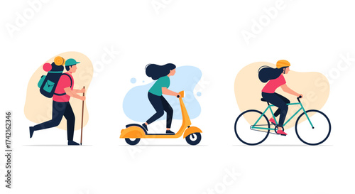 Outdoor activity people riding electric scooter and cycling.