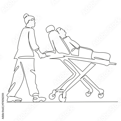 One continuous single drawing line art flat doodle hospital, doctor, emergency, health, health care, treatment, gurney. Isolated image hand draw contour on a white background, hand drawn, not AI