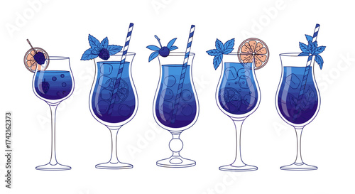 A refreshing collection of five vibrant blue cocktails garnished with mint leaves and fruit slices.