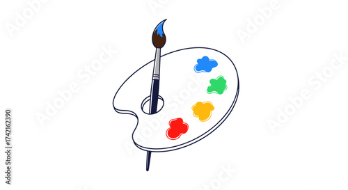 A watercolor brush rests elegantly on an artist's palette filled with vibrant colors.
