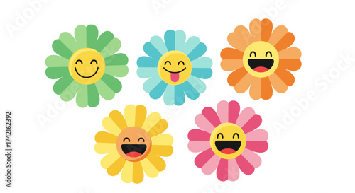 A vibrant collection of cheerful cartoon flowers with smiling faces expressing joy and happiness in a playful arrangement.