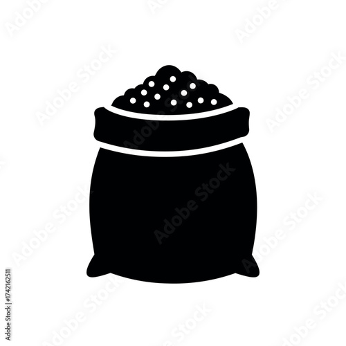 Black silhouette of a sack filled with small round objects isolated on a white background.