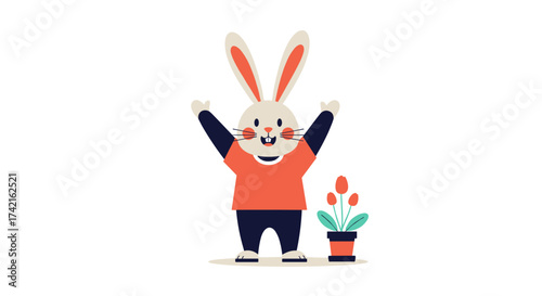A cheerful cartoon rabbit with its arms raised in celebration stands next to a potted plant.