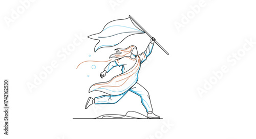 A person in a flowing cloak runs with a white flag in a dynamic illustration.