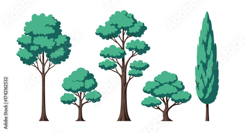 A collection of diverse trees with lush green foliage on a white background.