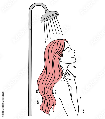 シャワーを浴びてリラックスする女性の線画イラスト,バスタイム,美容,清潔,シャンプー