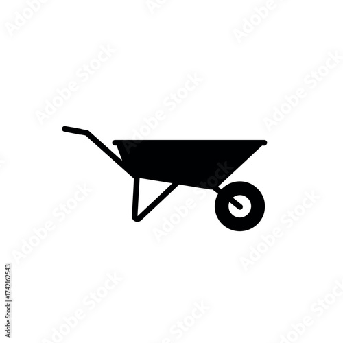 Simple black silhouette of a wheelbarrow a common garden and construction tool.