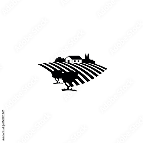 Stylized Farm Landscape Silhouette with House and Trees.