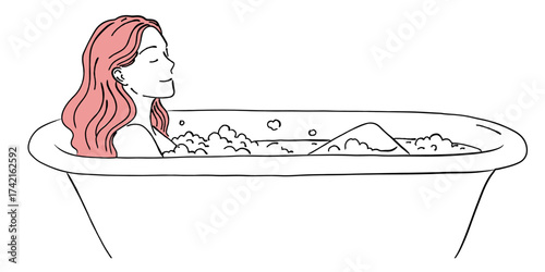 湯船（バスタブ）で泡風呂に浸かってリラックスする女性の線画イラスト,入浴,美容