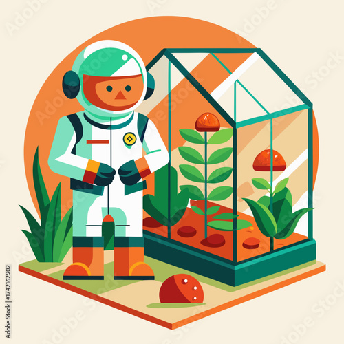 Astronaut tending to plants in a greenhouse on an alien planet