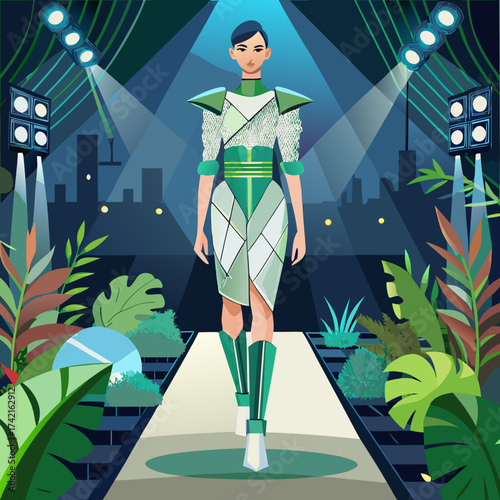 Fashion model walks runway in futuristic green outfit surrounded by tropical plants and city lights