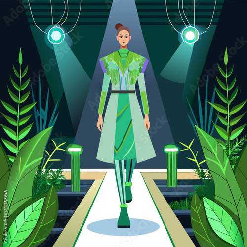 Fashion model walks down a runway in a futuristic green outfit surrounded by lush foliage