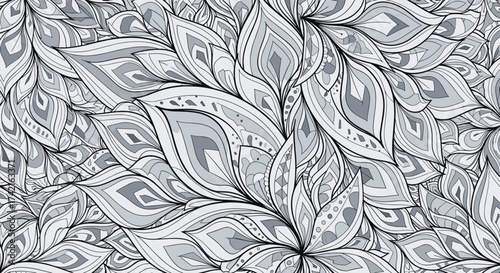 A detailed monochrome pattern of overlapping stylized leaves in a dense arrangement.