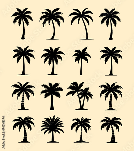 A collection of black palm tree silhouettes on a beige background. Tropical vector illustration featuring different palm tree shapes, perfect for beach, island, or summer-themed designs