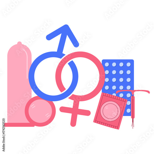World contraception day illustration. Types of contraception. Pills, calendar, patch, condom and coil. Vector illustration.