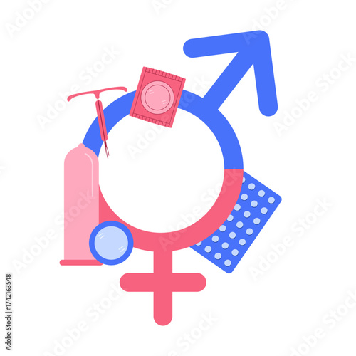World contraception day illustration. Types of contraception. Pills, calendar, patch, condom and coil. Vector illustration.