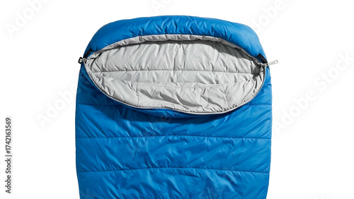 Open blue sleeping bag exposing gray lining, top-down view