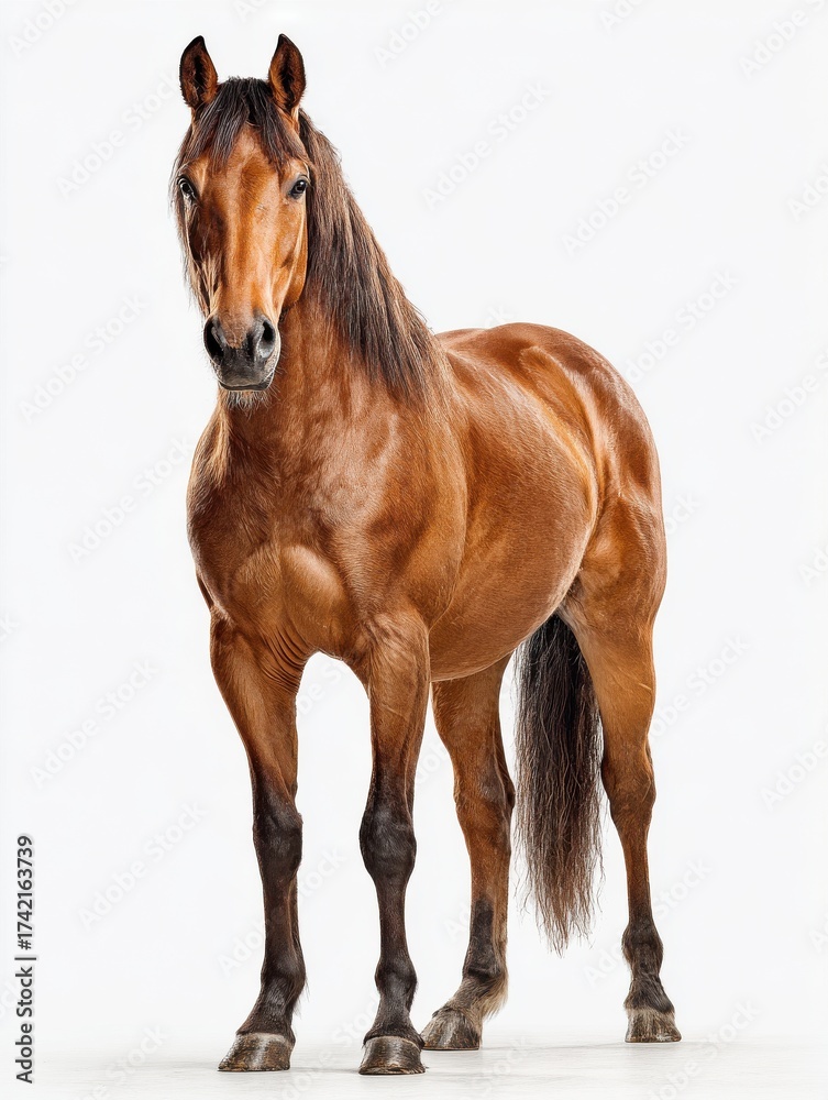 Obraz premium A strong and elegant brown horse stands tall with a shiny coat. Light reflects off its muscular body, showcasing its beauty and grace in a calm studio environment.