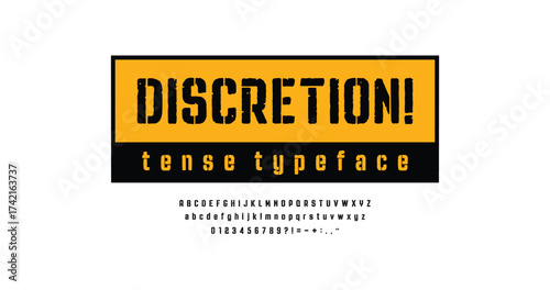Discretion: Distressed alphabet uppercase font set design. Vector illustration typography grunge style. Fonts design.