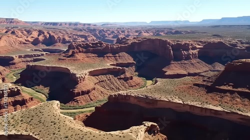 Vast Desert Canyon Landscape with Red Rock Formations and Blue Sky.