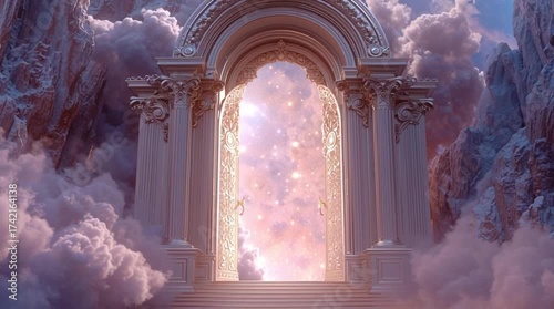 One of the twelve gates of New Jerusalem, a massive iridescent pearl, guarded by a radiant glowing angel, cinematic, mystical, and divine atmosphere with ethereal light.