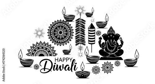 Diwali Festival: A festive depiction of Diwali, featuring oil lamps, fireworks, and artistic embellishments celebrating the Festival of Lights.