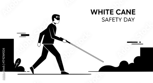 Flat vector art for White Cane Safety Day, no symbols or icons, elegant black and white design
