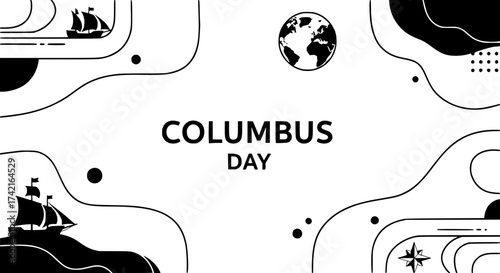 Columbus Day Illustration: A stylized illustration celebrating Columbus Day, featuring sailing ships, a compass, and a globe, set against an abstract background of elegant curves.