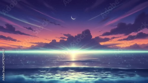 Vibrant Anime Ocean Sunset with Glowing Horizon and Crescent Moon.