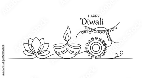 Diwali Greetings: An elegant line art composition for Diwali, featuring a lotus, a diya with a glowing flame, and a traditional ornament, set against a minimal backdrop.