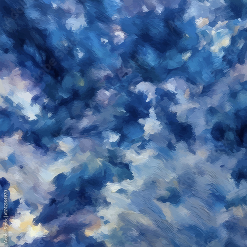 Deep-blue sky in dramatic rainy clouds with sun rays in the left bottom corner symbolizing hope; a square oil-painting-style abstract vector background for cold winter-themed prints and greeting cards