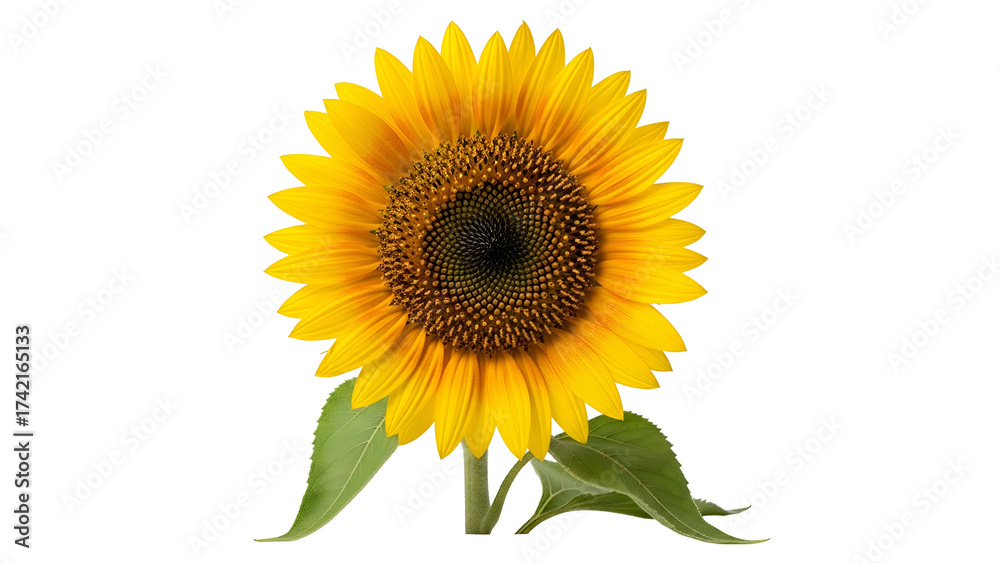 Fototapeta premium Vibrant sunflower bloom with yellow petals, dark center, green leaves