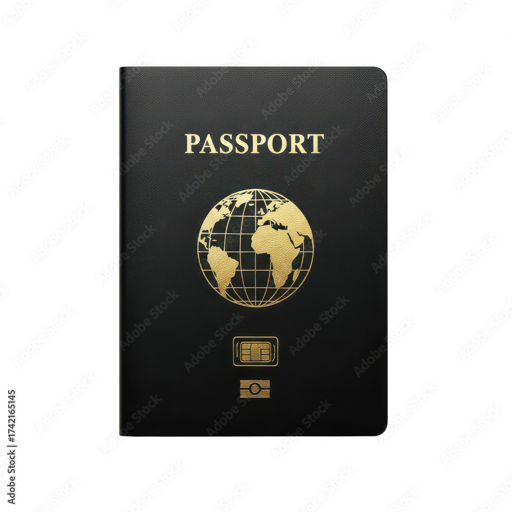 Obraz premium Black passport with gold details on transparent background