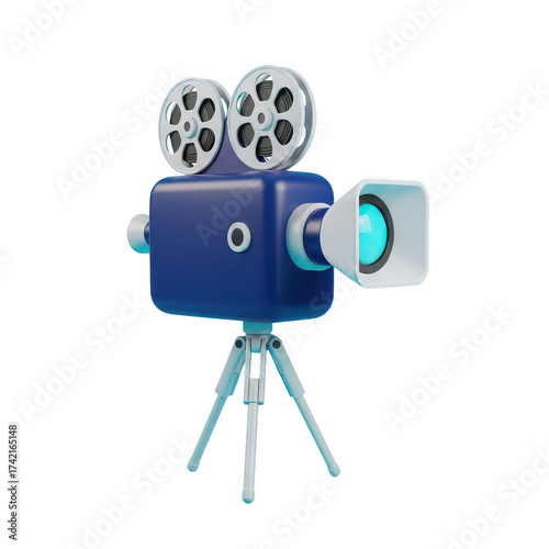 3d blue vintage camera on tripod on transparent background