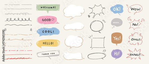 Speech bubble with crayons texture vector set. Hand drawn colorful speech bubble in different shape with doodle decorative. Design for chat, talk, sale sticker, icon.