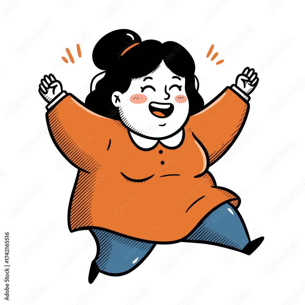 Obraz premium Cheerful plus-sized woman dancing in cartoon style with a joyful expression and humorous vibe 