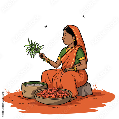 Indian woman in cartoon style selling shrimp with a humorous expression in a market setting