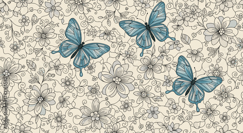  Delicate blue butterflies fluttering amongst a field of tiny floral patterns.